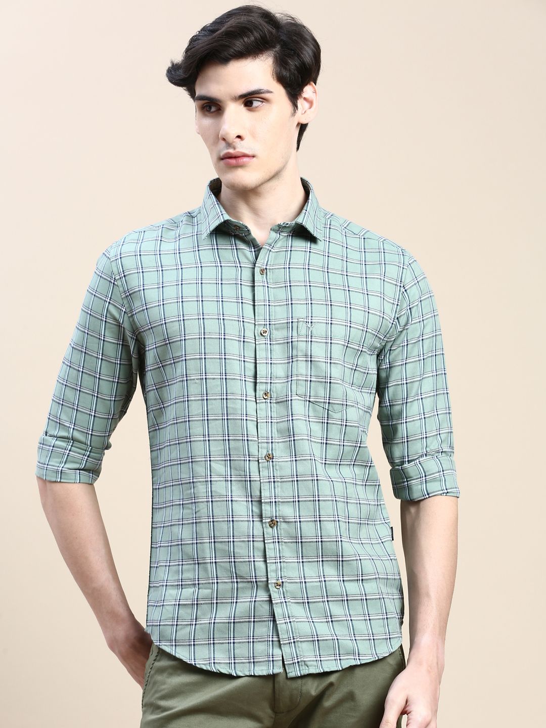     			Showoff Cotton Blend Regular Fit Checks Full Sleeves Men's Casual Shirt - Green ( Pack of 1 )