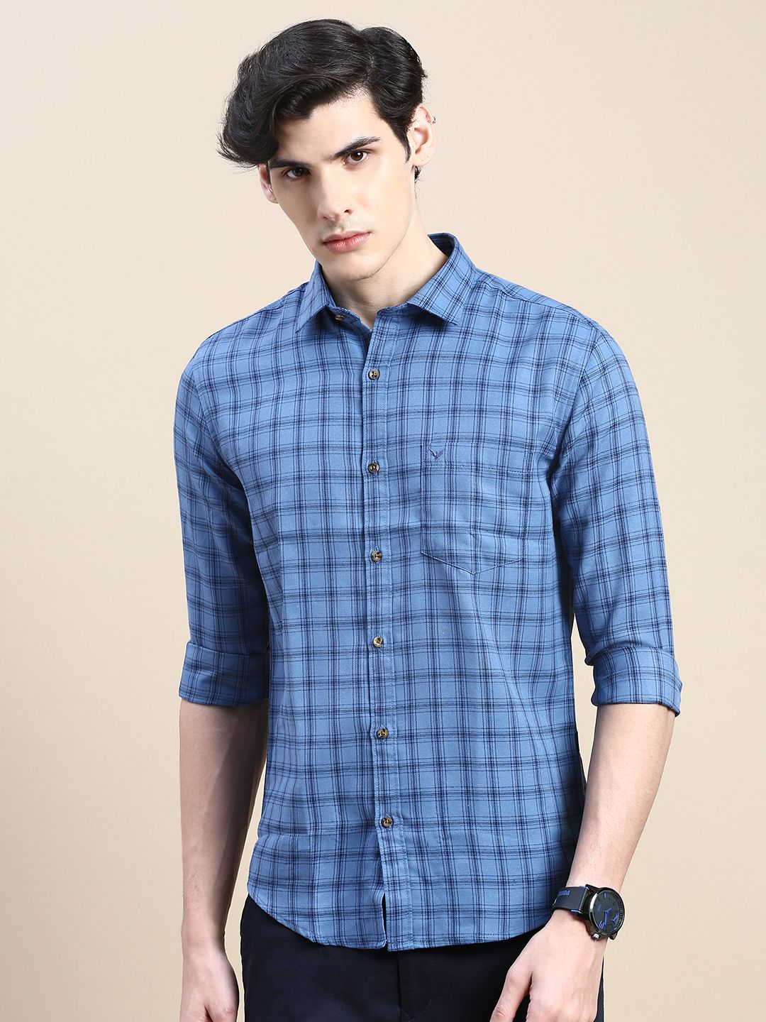     			Showoff Cotton Blend Regular Fit Checks Full Sleeves Men's Casual Shirt - Blue ( Pack of 1 )
