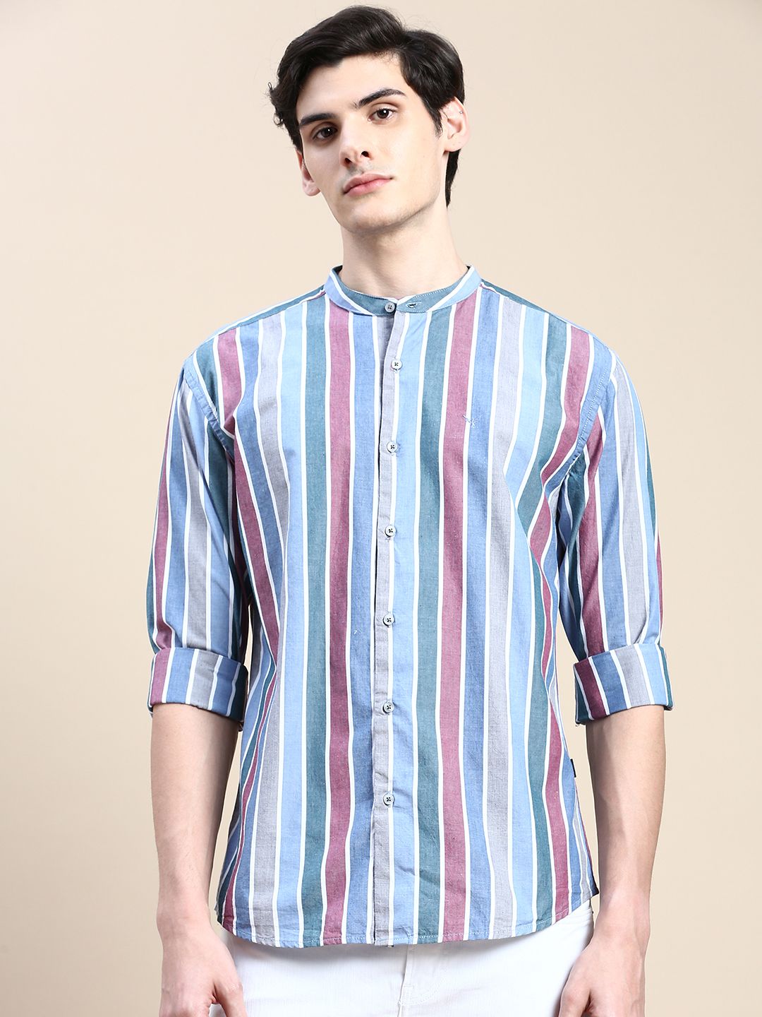     			Showoff Cotton Blend Regular Fit Striped Full Sleeves Men's Casual Shirt - Blue ( Pack of 1 )