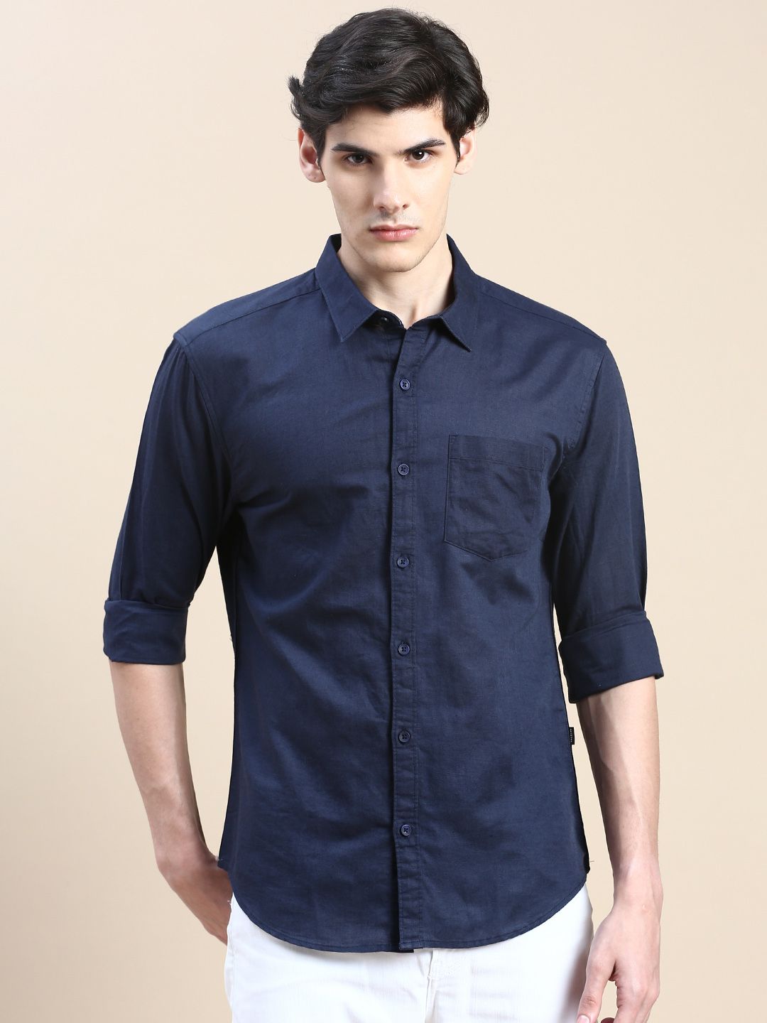     			Showoff Cotton Blend Regular Fit Solids Full Sleeves Men's Casual Shirt - Navy Blue ( Pack of 1 )