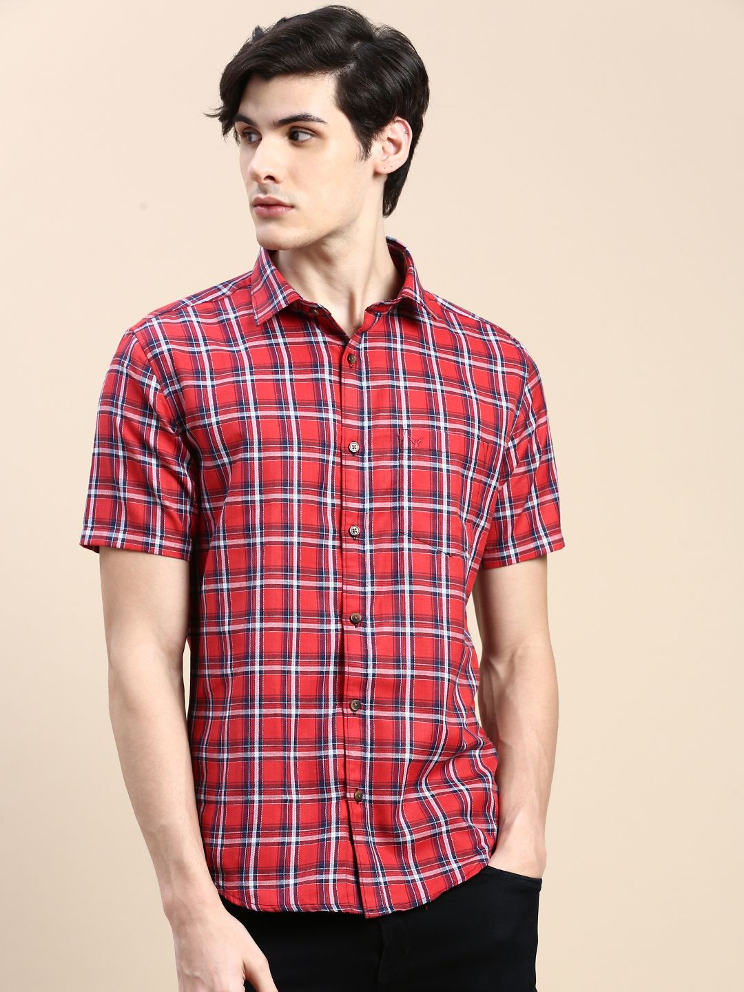     			Showoff Cotton Blend Regular Fit Checks Half Sleeves Men's Casual Shirt - Red ( Pack of 1 )