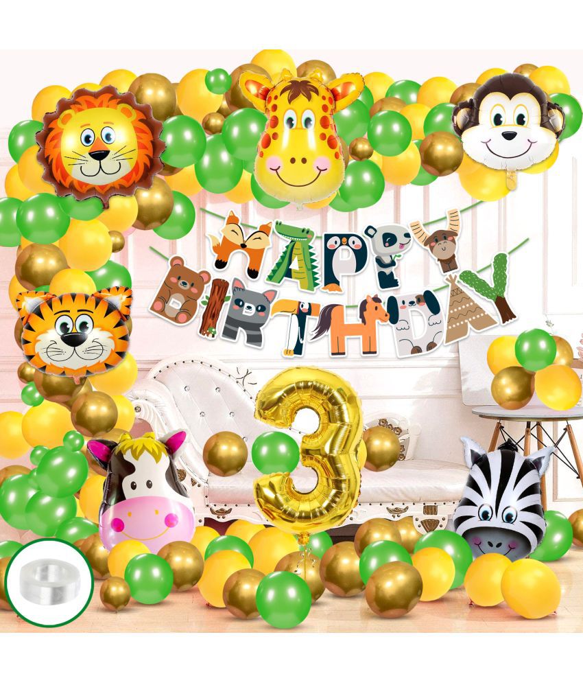     			Zyozi Jungle Safari Birthday Decoration Combo - Birthday Decoration Banner with Balloons, Foil Balloons, No 3 Foil Balloons & Arch (Pack Of 84)