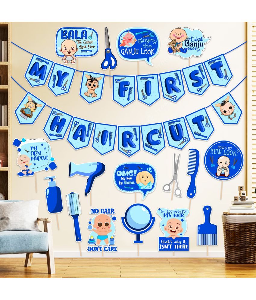     			Zyozi My First Hair Cut / Mundan Ceremony Decorations For Baby Boys - My First Hair Cut Banner & Photo Booth Props - Blue (Pack Of 17)