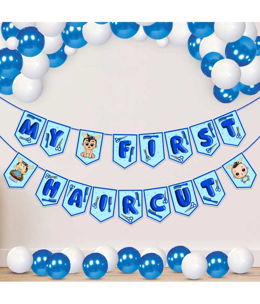     			Zyozi My First Hair Cut Ceremony / Mundan Ceremony Decorations Items for Boys - My First Hair Cut Banner & Balloons ( Pack Of 26 )