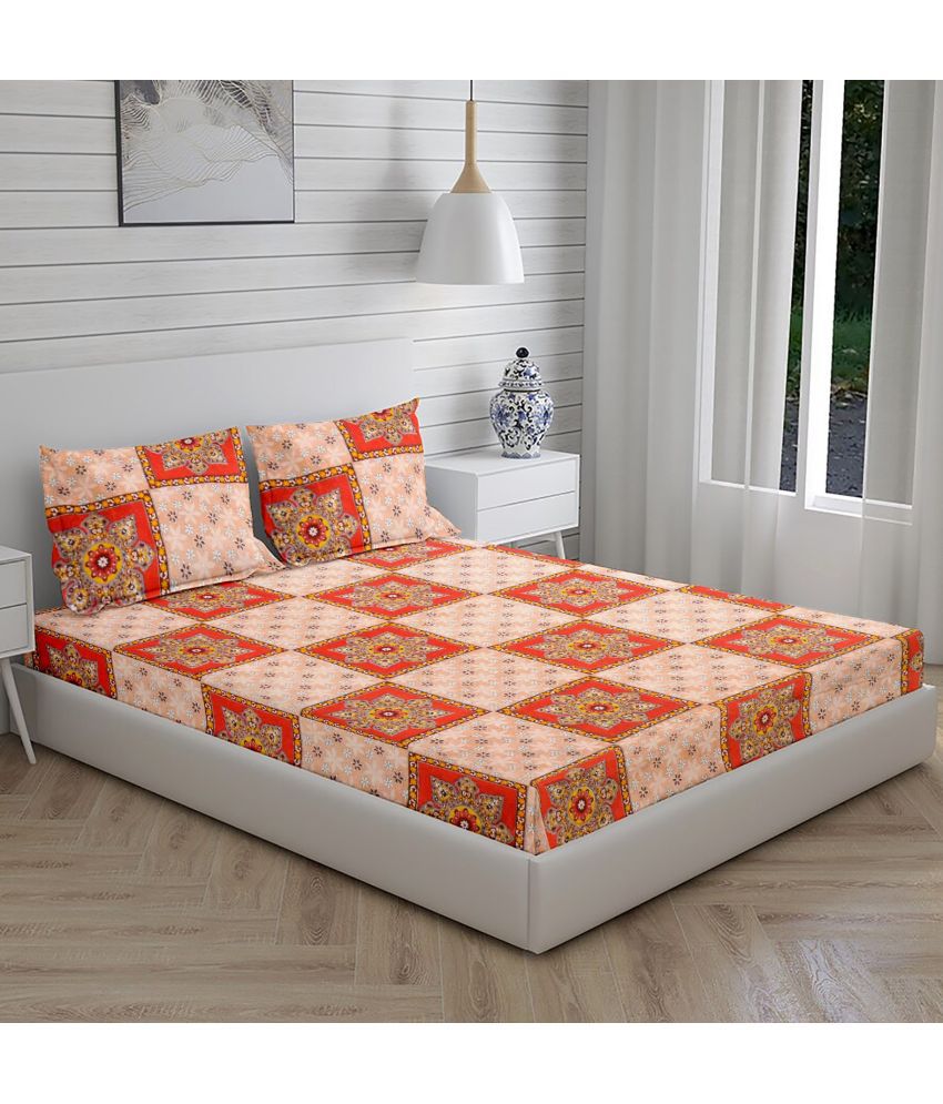    			HOMETALES Microfiber Floral Double Bedsheet with 2 Pillow Covers - Orange