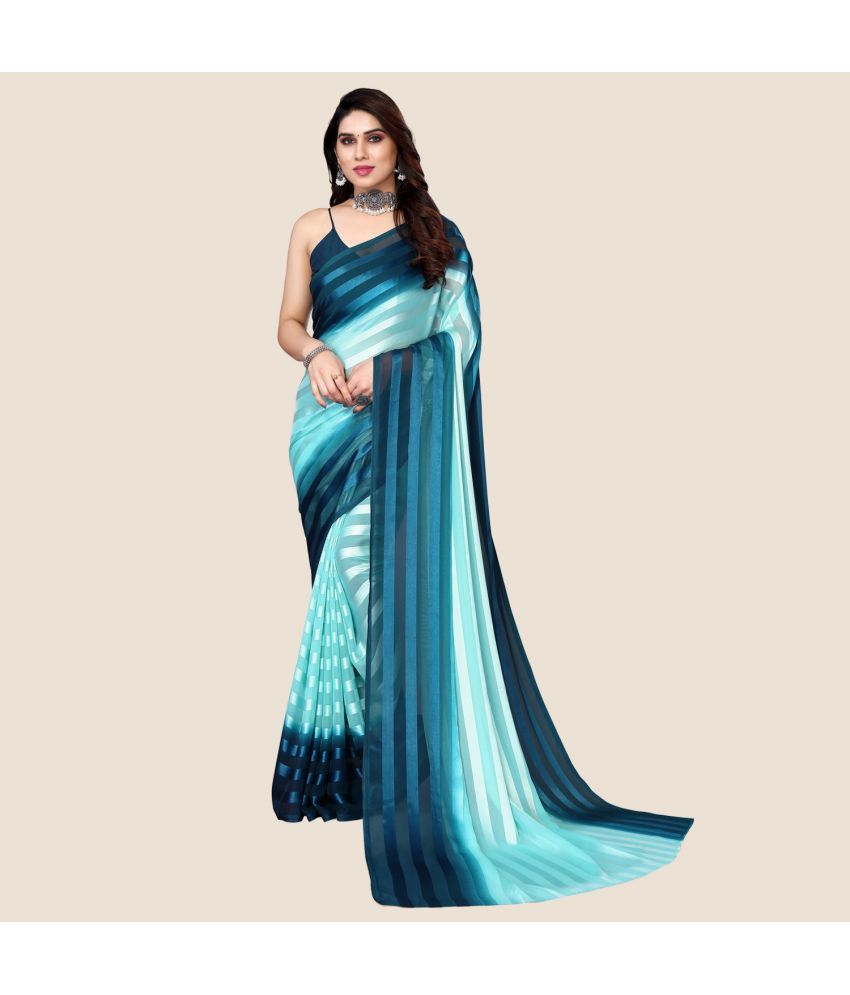     			Kashvi Sarees Satin Striped Saree Without Blouse Piece - SkyBlue ( Pack of 1 )