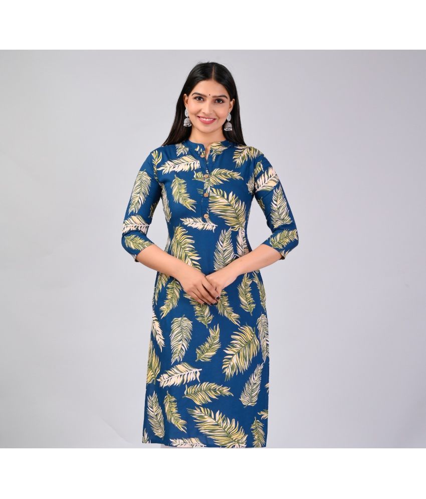     			MAUKA Rayon Printed Straight Women's Kurti - Blue ( Pack of 1 )