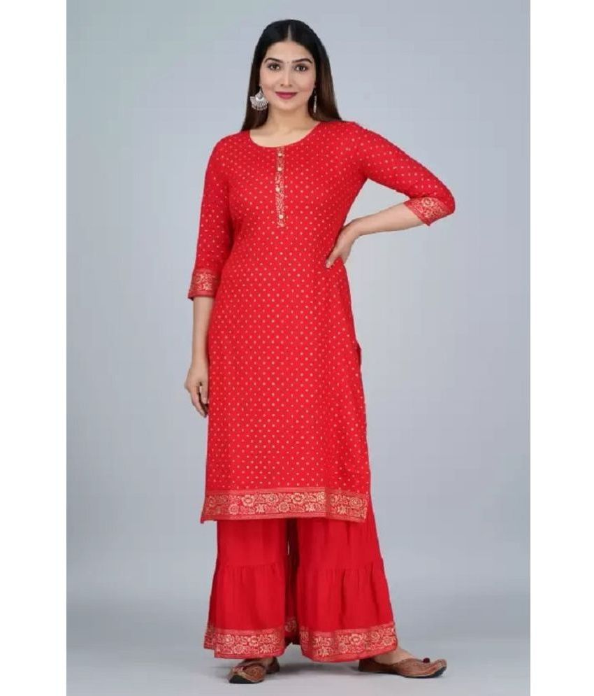     			MF Hayat Rayon Printed Kurti With Sharara And Gharara Women's Stitched Salwar Suit - Red ( Pack of 1 )