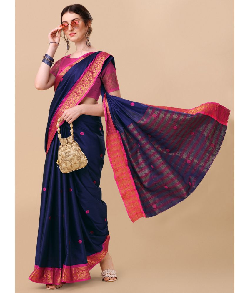     			Rangita Women Zari Work Embellished Cotton Silk Saree with Blouse Piece - Navy Blue