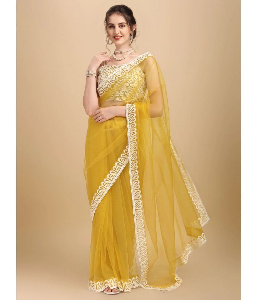     			Rangita Women Solid Embroidered Net Saree with Blouse Piece - Yellow