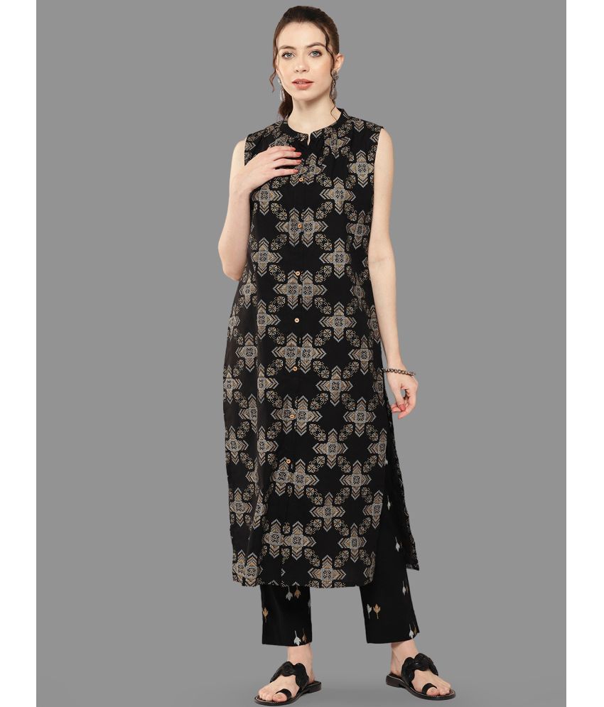     			Janasya Cotton Printed Kurti With Pants Women's Stitched Salwar Suit - Black ( Pack of 1 )