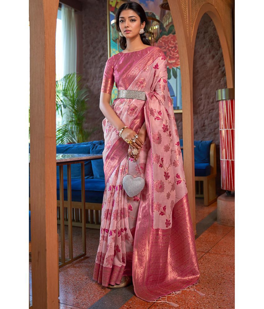     			Rangita Women Floral Embellished Cotton Blend Saree with Blouse Piece - Pink