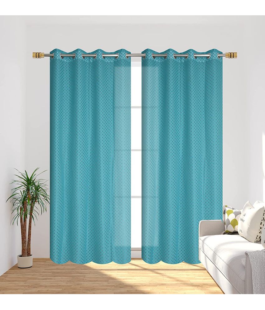     			Homefab India Small Checks Sheer Eyelet Curtain 5 ft ( Pack of 2 ) - Turquoise