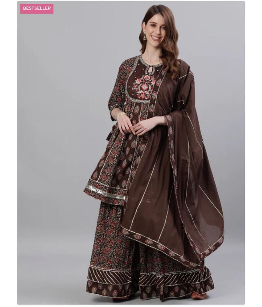     			Ishin Cotton Embroidered Ethnic Top With Pants Women's Stitched Salwar Suit - Brown ( Pack of 1 )