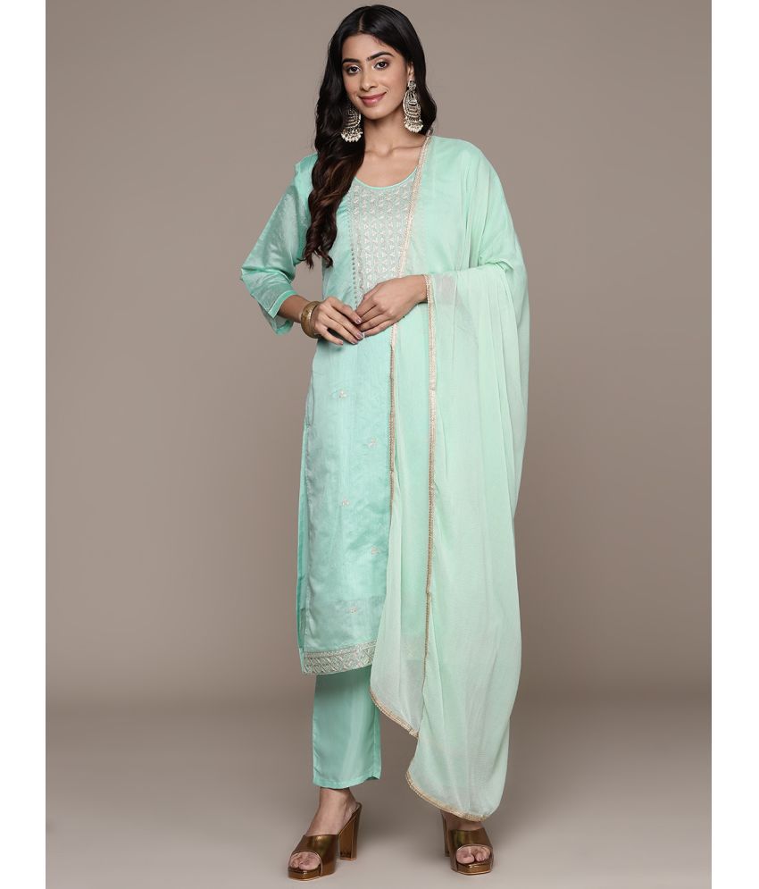     			Ishin Silk Blend Embroidered Ethnic Top With Pants Women's Stitched Salwar Suit - Sea Green ( Pack of 1 )