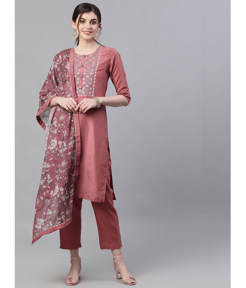     			Ishin Silk Blend Embroidered Ethnic Top With Pants Women's Stitched Salwar Suit - Mauve ( Pack of 1 )