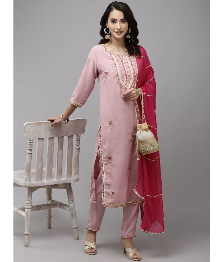     			Ishin Silk Embroidered Ethnic Top With Pants Women's Stitched Salwar Suit - Pink ( Pack of 1 )