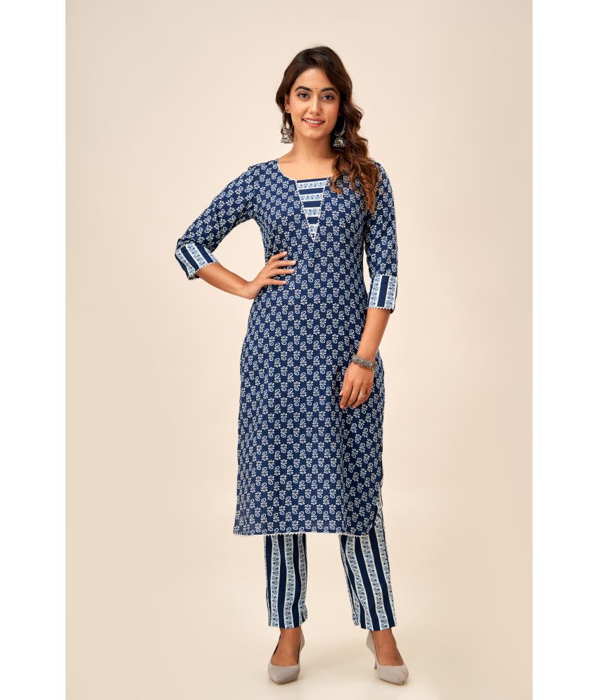     			NeshamaKurti Cotton Printed Kurti With Pants Women's Stitched Salwar Suit - Blue ( Pack of 1 )