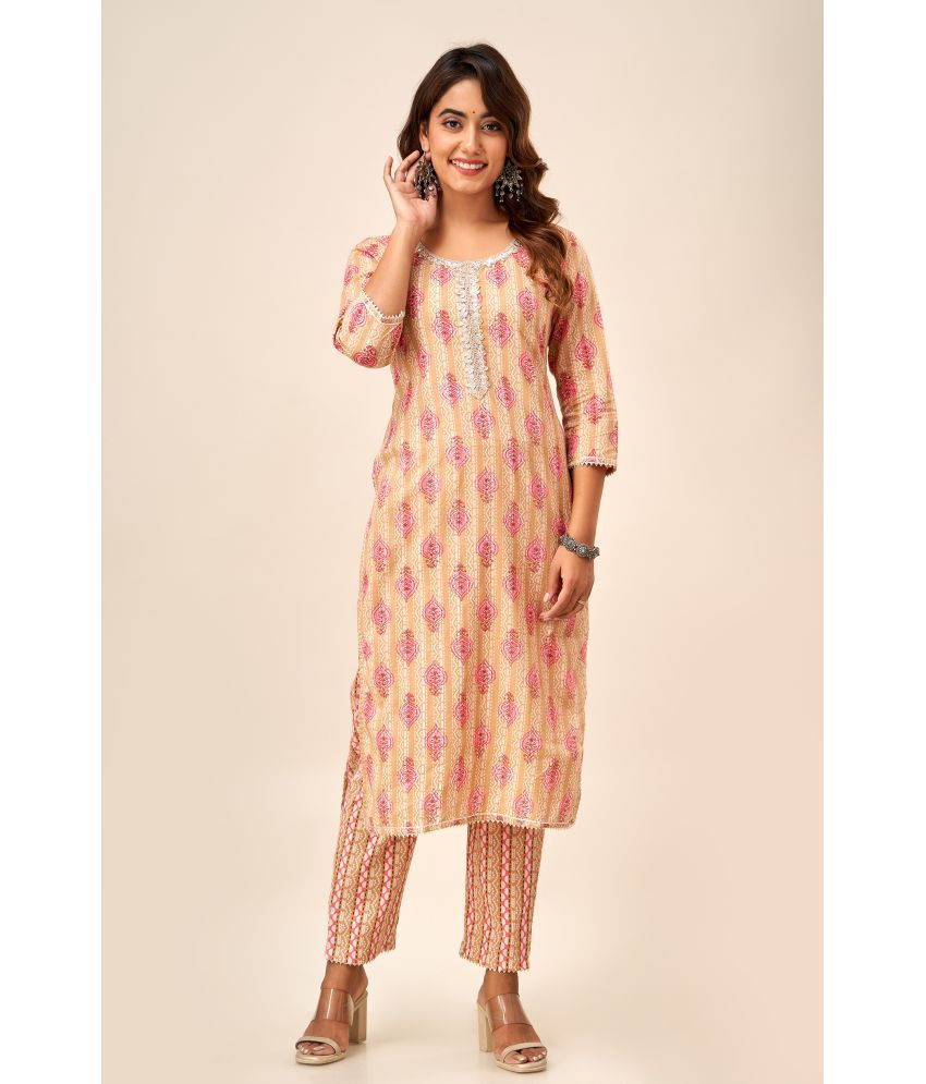     			FabbibaPrints Cotton Printed Kurti With Pants Women's Stitched Salwar Suit - Beige ( Pack of 1 )