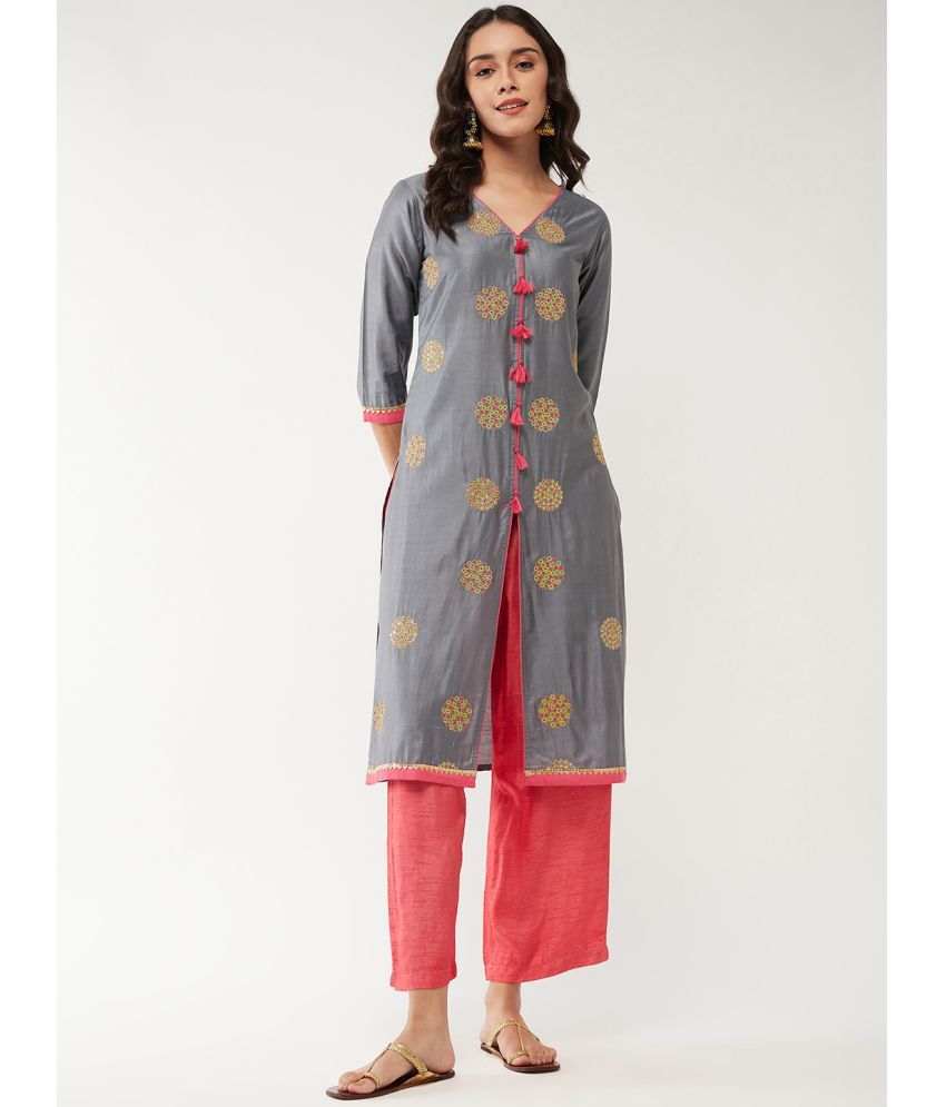     			Pannkh Viscose Embroidered Straight Women's Kurti - Grey ( Pack of 1 )