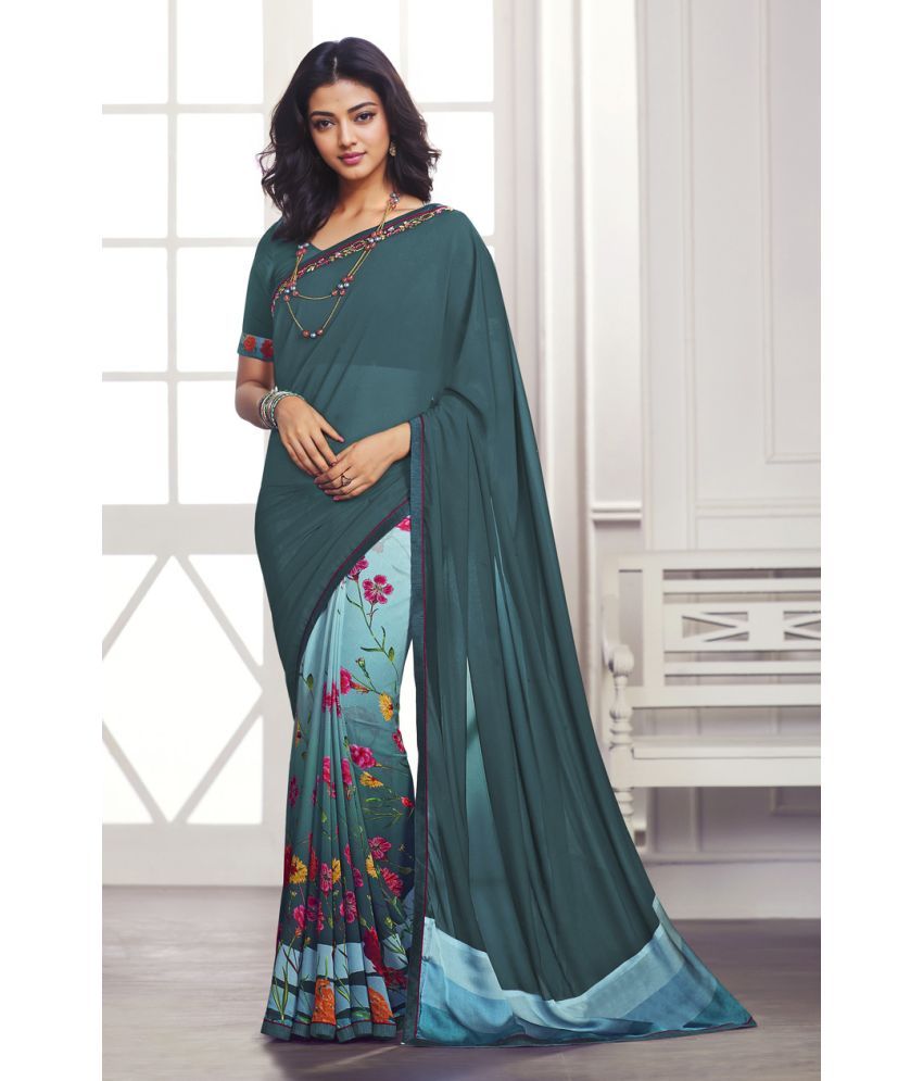     			Rangita Half & Half Printed Georgette Saree With Lace Border & Blouse Piece - Teal