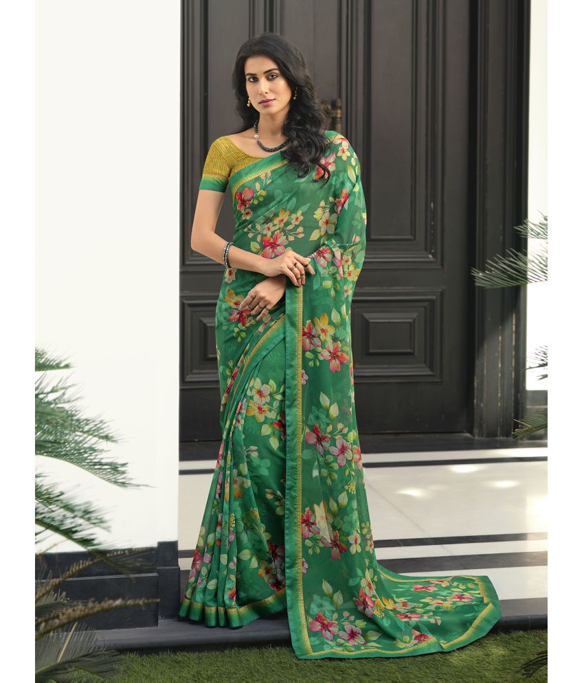     			Rangita Georgette Floral Printed Saree With Lace Border & Blouse Piece - Green
