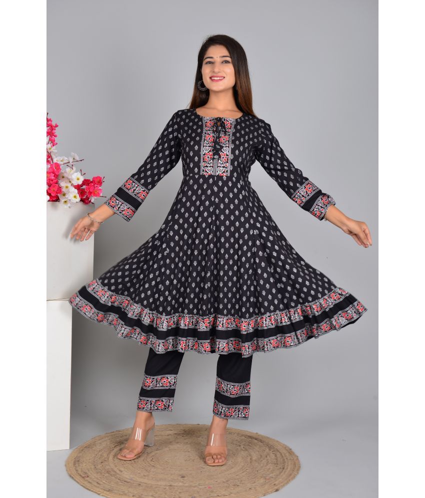     			Smien Rayon Printed Kurti With Pants Women's Stitched Salwar Suit - Black ( Pack of 1 )