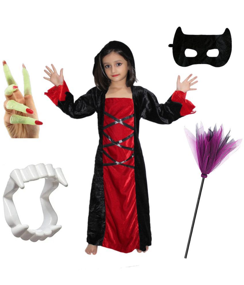     			Kaku Fancy Dresses Halloween Party Red Black Witch Costume Gown With Teeth, Face, Nail & Witch Broom Set for Kids