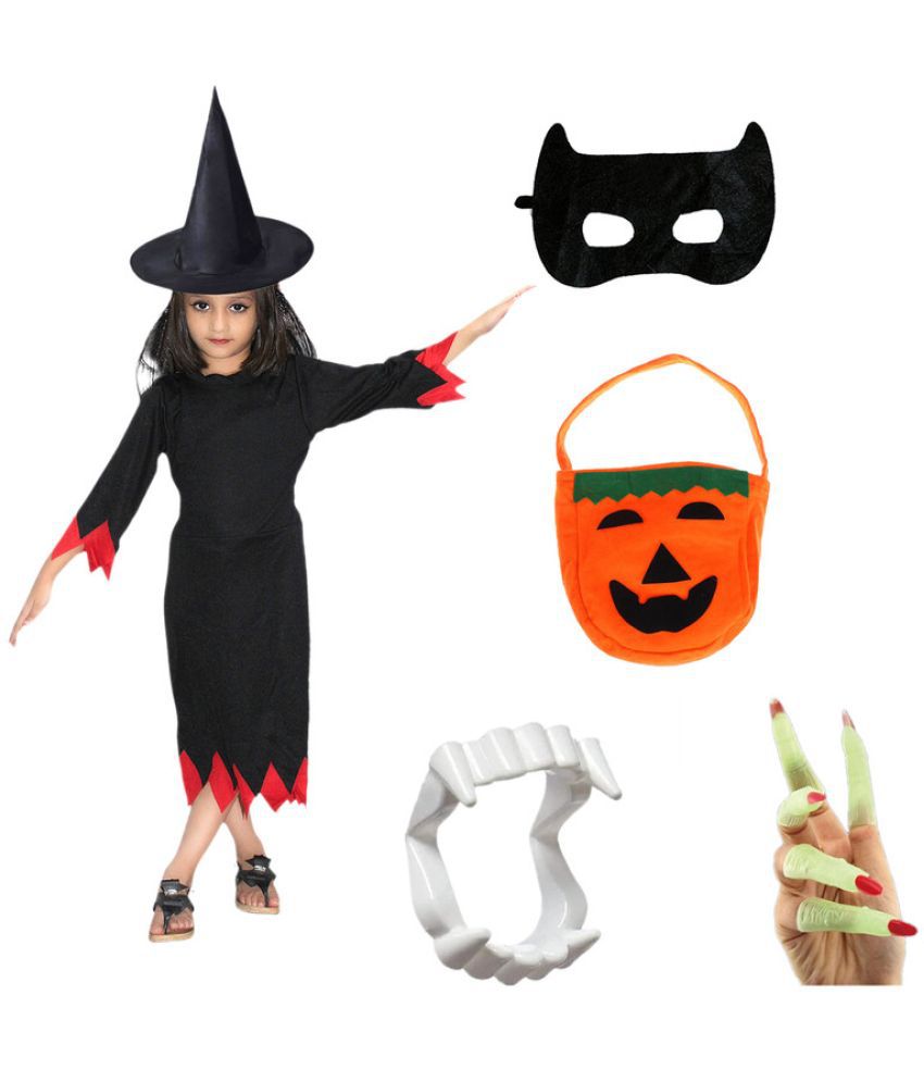     			Kaku Fancy Dresses Halloween Witch Costume With Hat, Teeth, Face, Nails & Pumpkin Bag For Kids