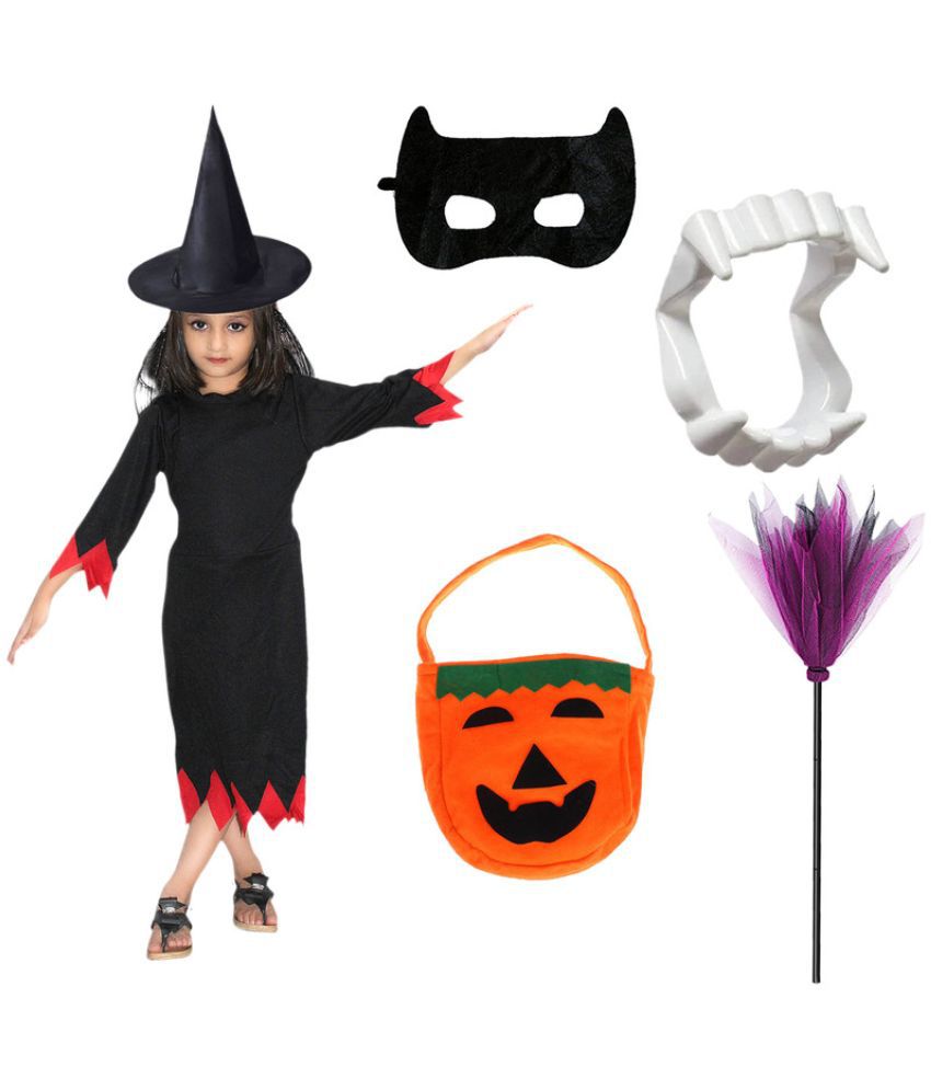     			Kaku Fancy Dresses Spooky Witch Costume With Hat, Teeth, Face, Witch Broom & Pumpkin Bag Set For Kids