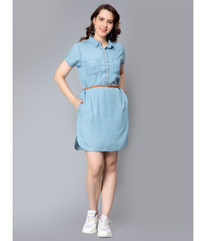     			NUEVOSDAMAS Denim Solid Knee Length Women's Shirt Dress - Light Blue ( Pack of 1 )