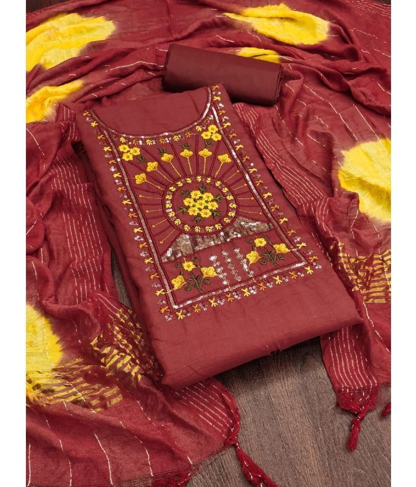     			Aika Unstitched Silk Embroidered Dress Material - Maroon ( Pack of 1 )