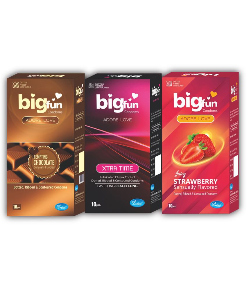     			BIGFUN Dotted & Ribbed 10pcs Each Combo (Bubblegum, Strawberry, Chocolate) Condom (Set of 3, 30 Sheets)