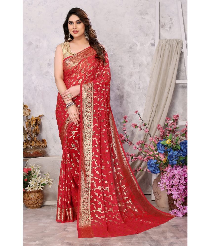     			FABMORA Georgette Embellished Saree With Blouse Piece - Red ( Pack of 1 )