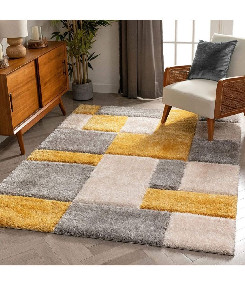     			Irfan Carpets Yellow Shaggy Carpet Floral 4x6 Ft