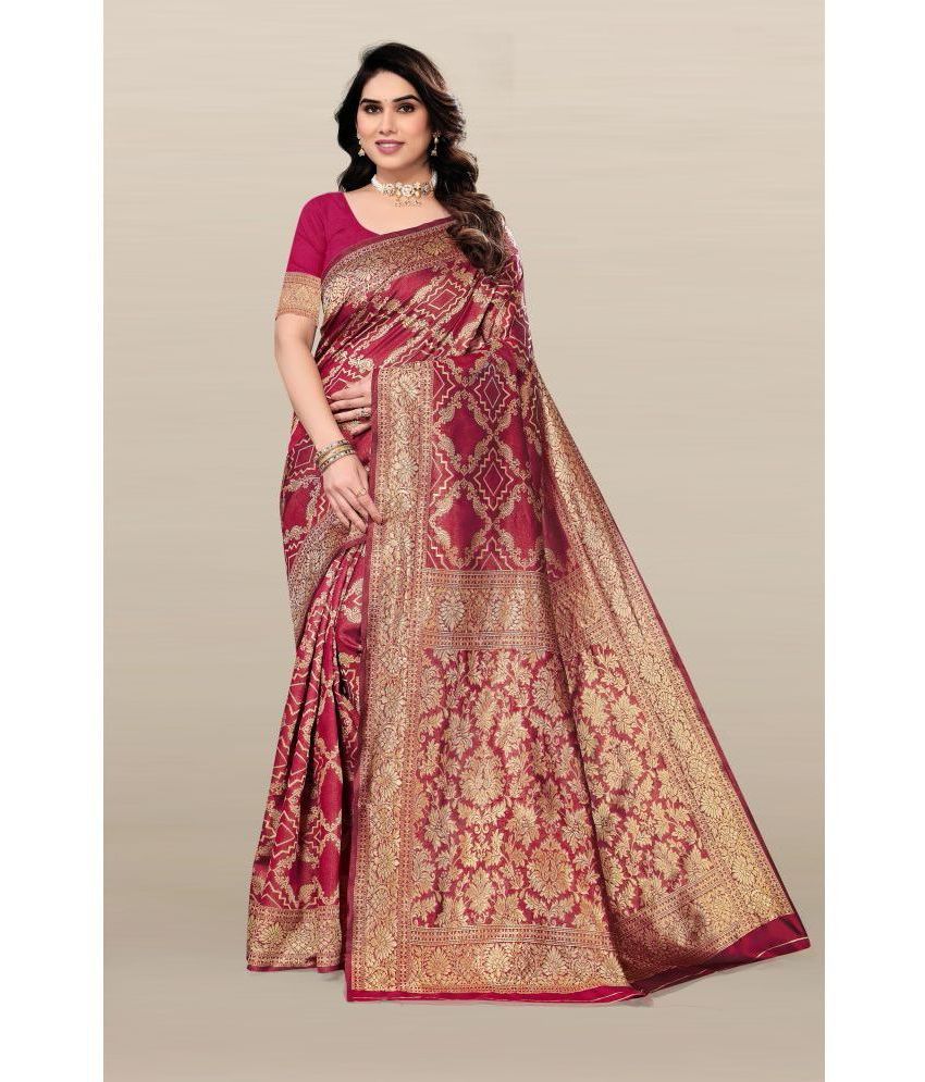     			Om Shantam Sarees Banarasi Silk Embellished Saree With Blouse Piece - Magenta ( Pack of 1 )