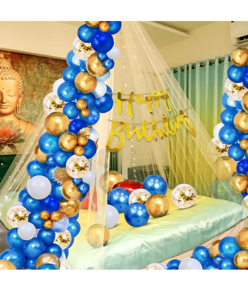     			Zyozi Cabana Tent Birthday Decorations Combo | Cabana Tent for Birthday | Net Curtain For Birthday Decoration With Lights | Blue, Gold & White Balloons (Pack Of 37)