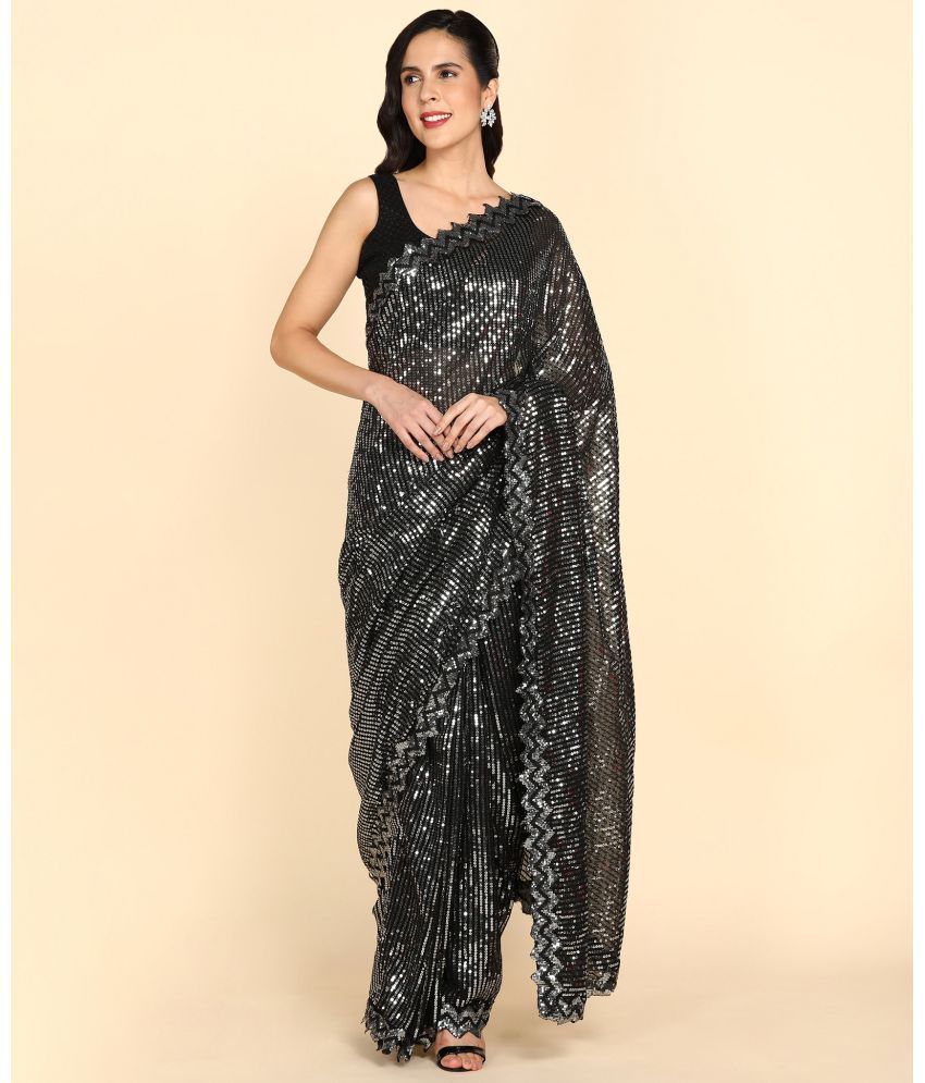     			Apnisha Georgette Embroidered Saree With Blouse Piece - Black ( Pack of 1 )