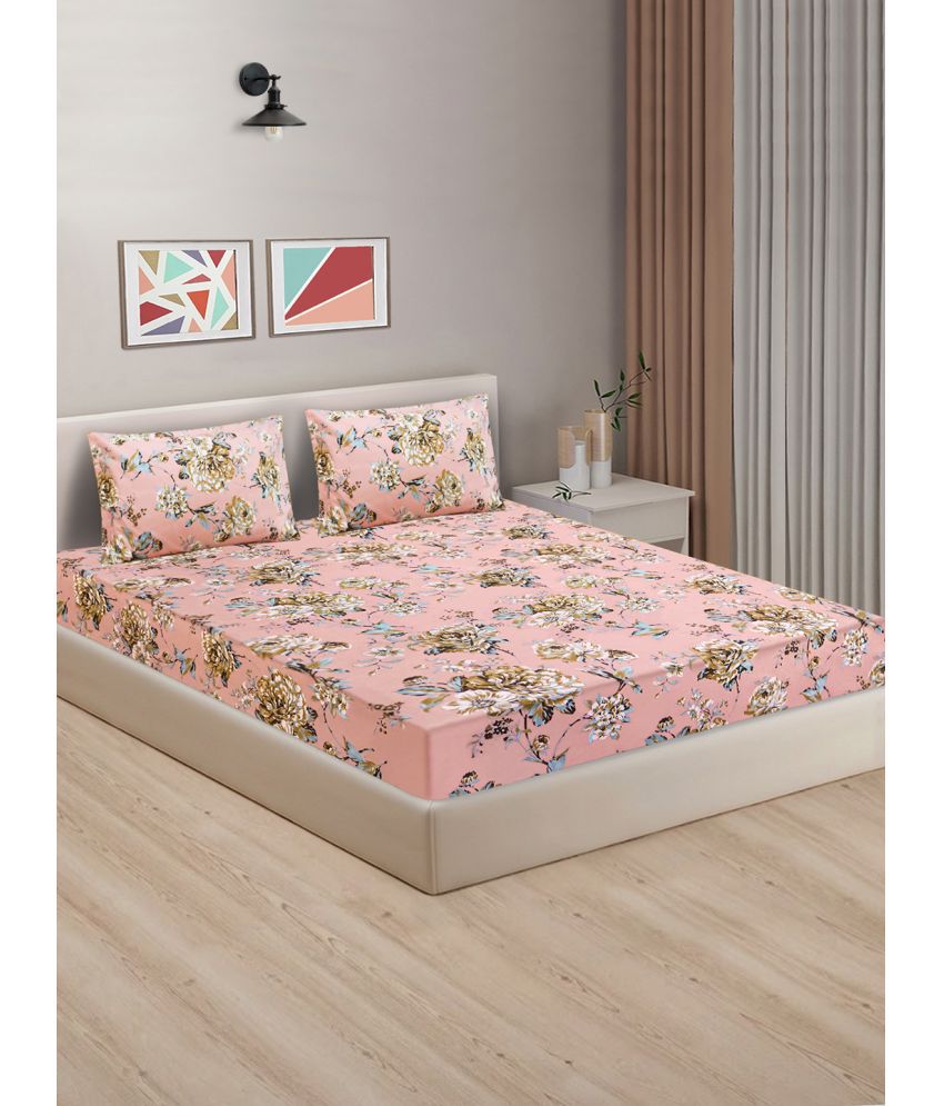     			Home Candy Cotton Floral King Size Bedsheet With 2 Pillow Covers - Peach