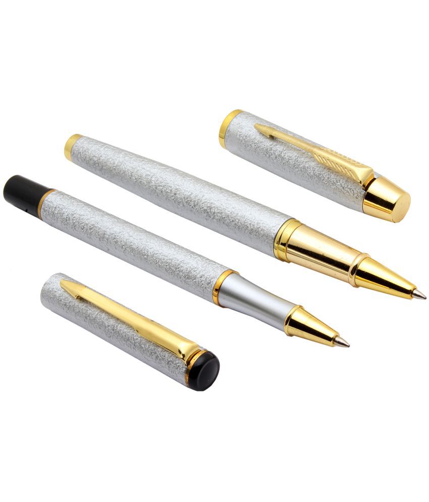     			Srpc Set Of 2 Silver Sand Finish Rock Textured Metal Body Roller Ball Pens Blue Refill