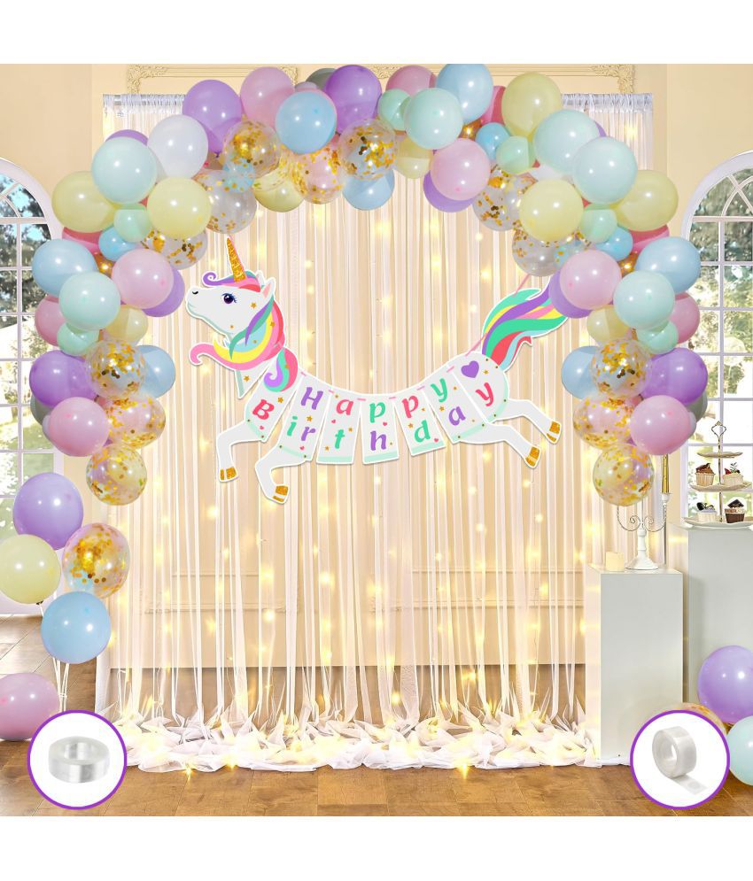     			Zyozi Unicorn Theme Birthday Decorations | Canopy Tent Birthday Decorations Items | Unicorn Birthday Decorations Kit - Banner, Pastel Balloons, Confetti Balloons, Rice Light (Pack Of 37)