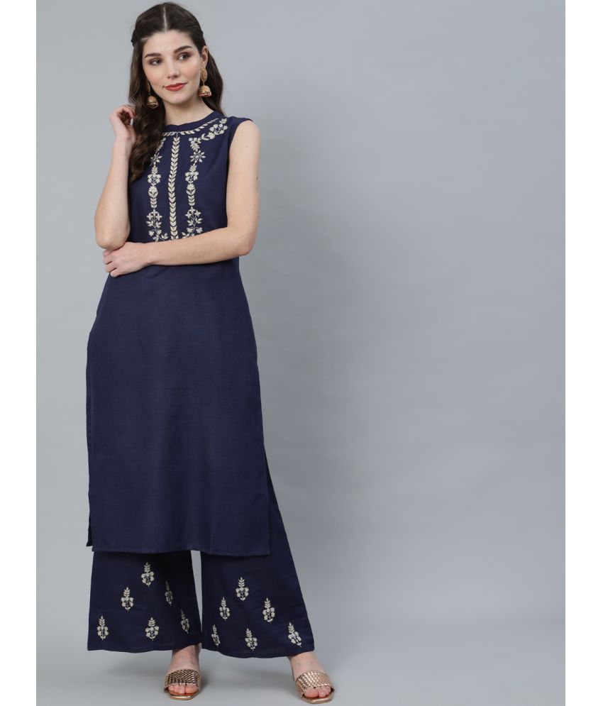     			Antaran Cotton Embroidered Kurti With Palazzo Women's Stitched Salwar Suit - Navy Blue ( Pack of 1 )