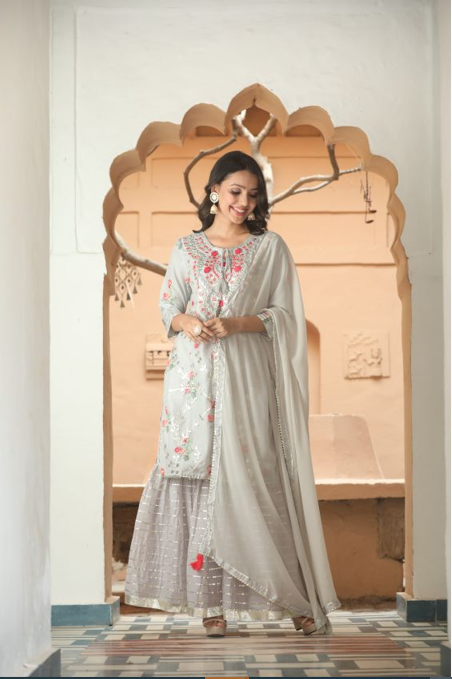     			Ishin Silk Embroidered Ethnic Top With Pants Women's Stitched Salwar Suit - Grey ( Pack of 1 )