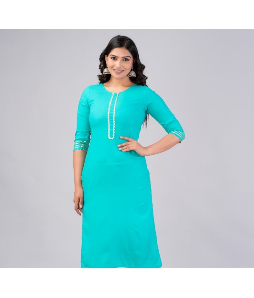     			MAUKA Rayon Embroidered Straight Women's Kurti - Turquoise ( Pack of 1 )