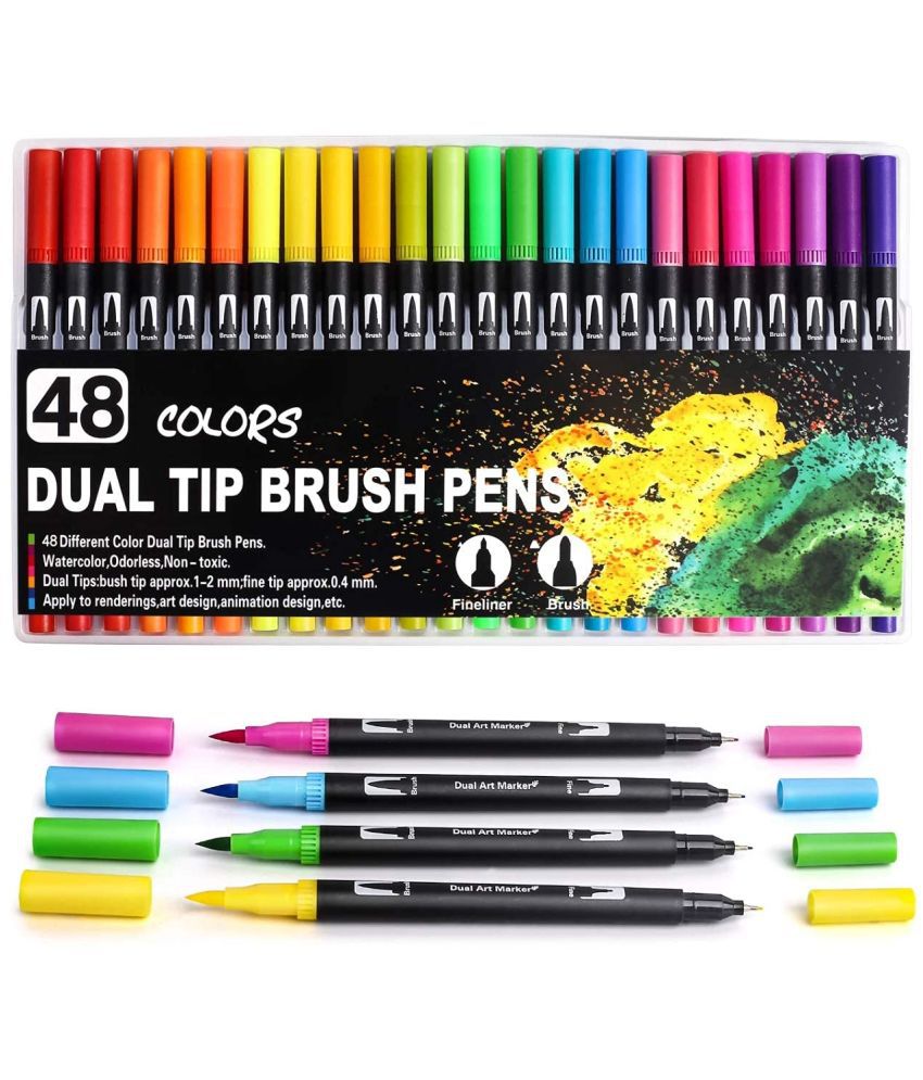     			THR3E STROKES 48 Art Markers Dual Tips Coloring Brush Fineliner Color Water Based Marker Pens Set for Calligraphy Drawing Sketching Bullet Journal (BLACK,)