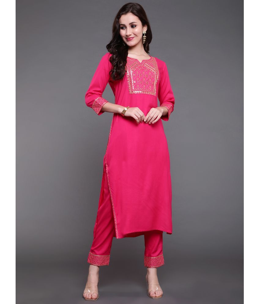     			Antaran Rayon Embroidered Kurti With Pants Women's Stitched Salwar Suit - Pink ( Pack of 2 )