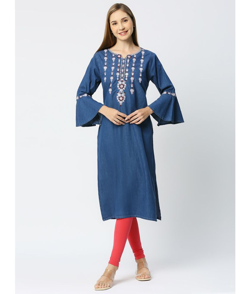     			CEFALU Cotton Embroidered Straight Women's Kurti - Blue ( Pack of 1 )