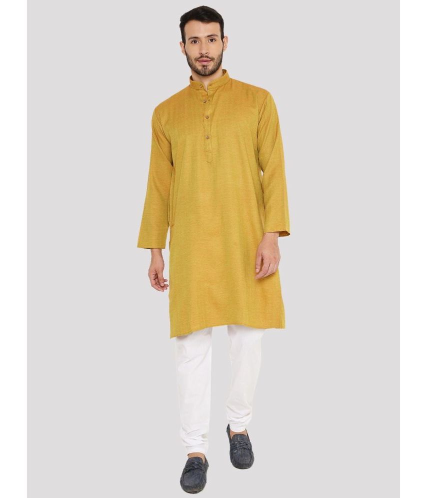     			Maharaja - Yellow Linen Regular Fit Men's Kurta Pyjama Set ( Pack of 1 )