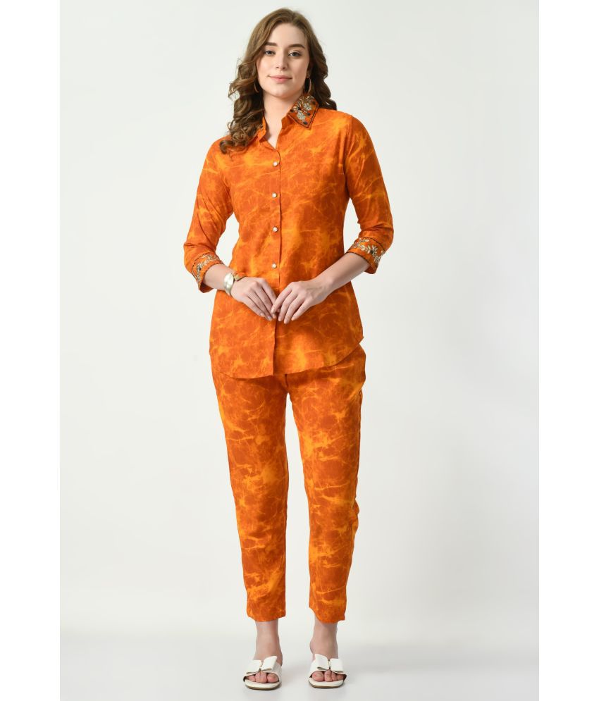     			Maurya Women Rayon Orange Distress Print Embroidered Shirt Collar and Sleeve Co Ord Set with 1 Side Pocket