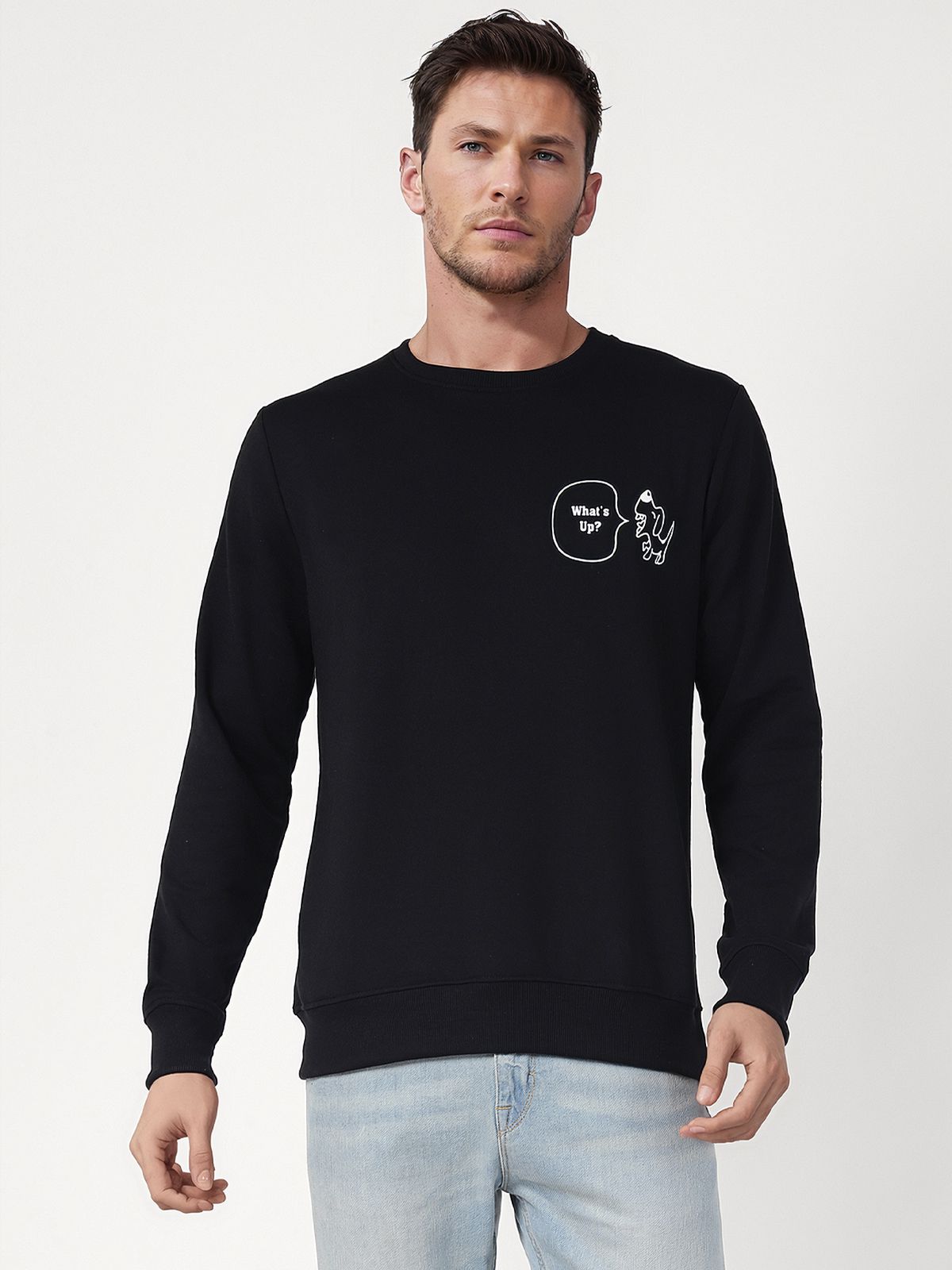     			UrbanMark Men Regular Fit Printed Full Sleeves Round Neck Fleece Sweatshirt-Black